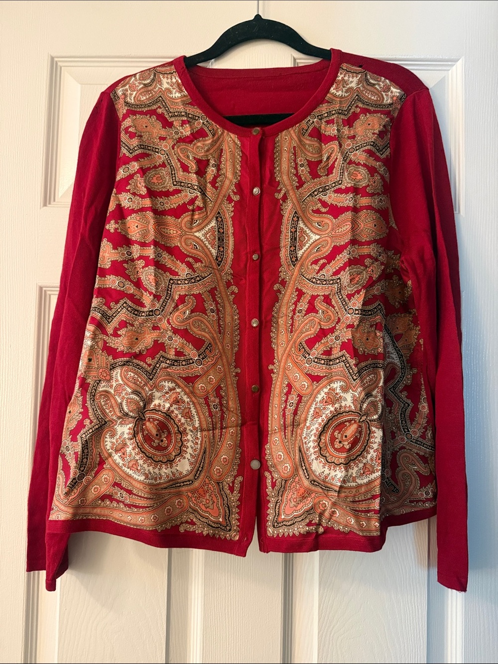 Red Paisley Button-Front Women's Sweater